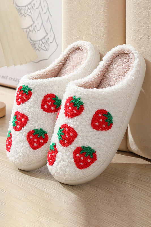 Bright White Cute Fuzzy Strawberry Pattern Home Slippers LEGITASY
