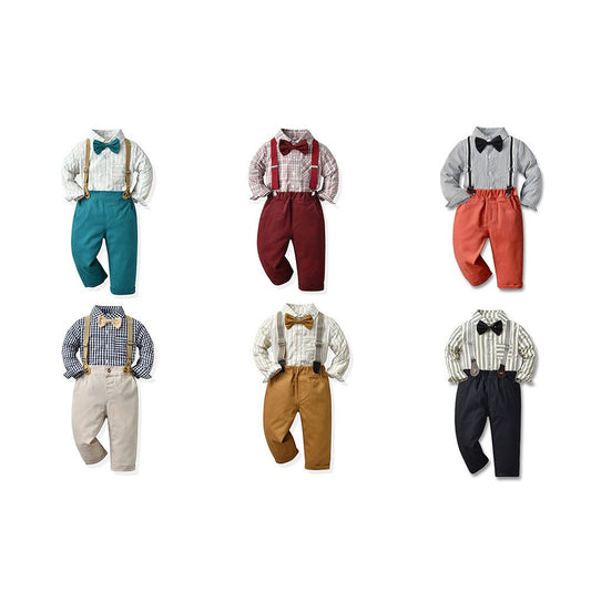 Children's Clothing Autumn Korean Version Multi-Color Plaid Long Sleeve Cotton Shirt Suspenders Boys' Suit LEGITASY