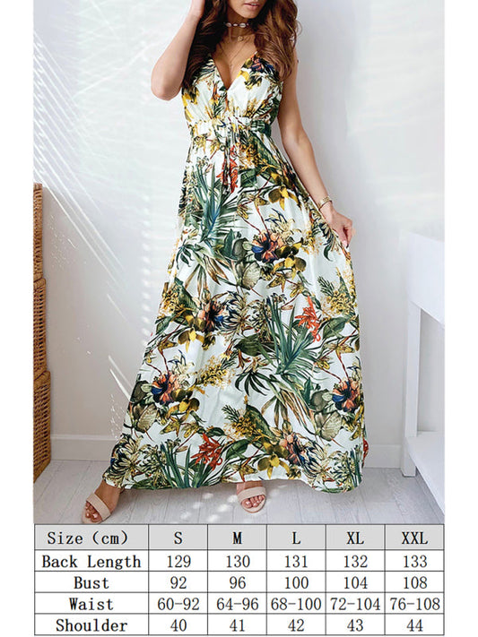 Deep V-Neck Sleeveless Printed Lace-Up Dress LEGITASY