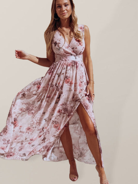 Elegant Floral Print Chiffon Dress Sleeveless Vacation Beach Slit Maxi Dress LEGITASY