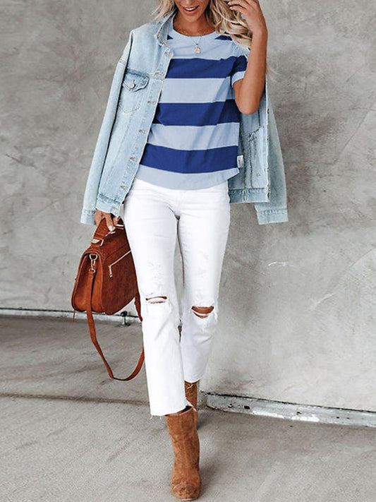 Fashionable blue and white stripe print round neck short-sleeved casual T-shirt LEGITASY