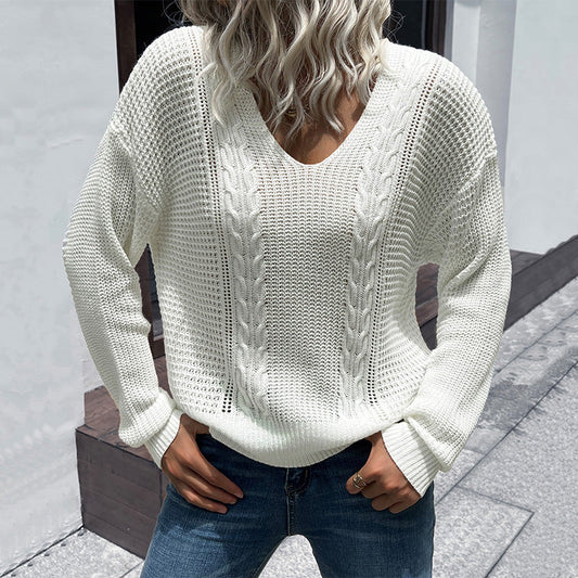Fashionable women's white long sleeve v-neck twist sweater LEGITASY
