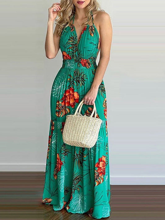 Halterneck Tie V-neck Floral Print Open-back Maxi Dress LEGITASY