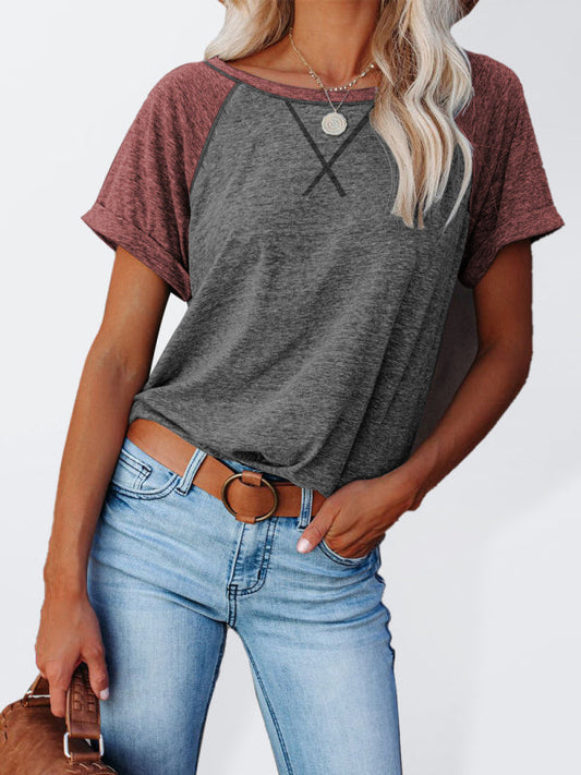 Ladies Colorblock Casual Round Neck Short Sleeve T-Shirt LEGITASY