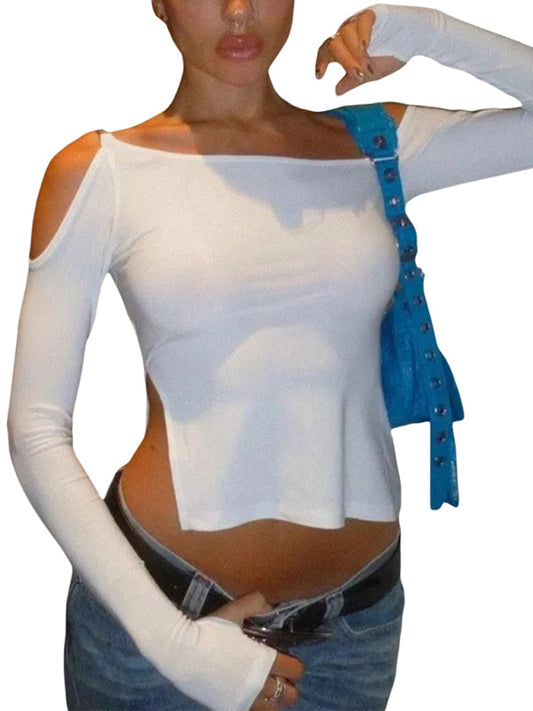 Long-sleeved round neck sexy strapless slit ladies T-shirt LEGITASY
