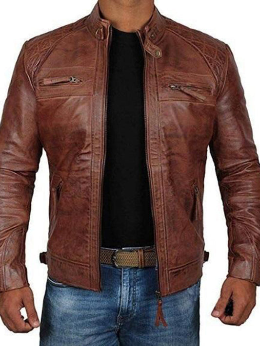 Men's Leather Jacket Stand Collar Punk Motorcycle Leather Slim Fit Jacket LEGITASY