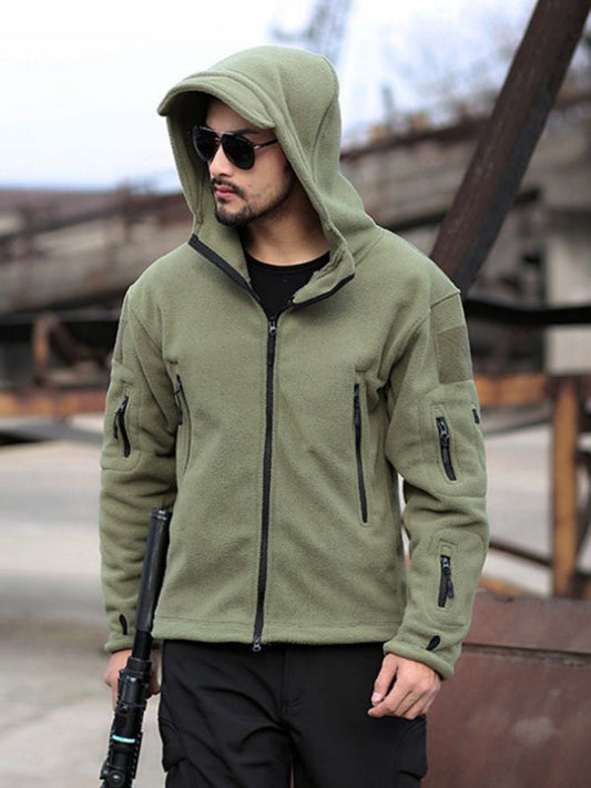 Men's Outdoor Warm Liner Fleece Jacket Cold-Proof Jacket Wind Hood Solid Color Hooded Jacket LEGITASY