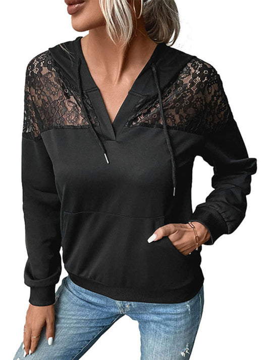 New long-sleeved black lace stitching women's hooded sweater LEGITASY
