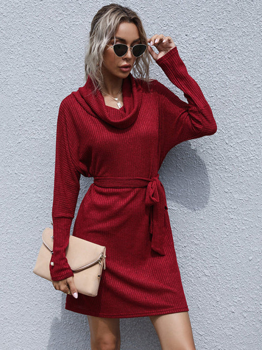 New pile collar solid color bottoming knitted sweater dress with long sleeves LEGITASY