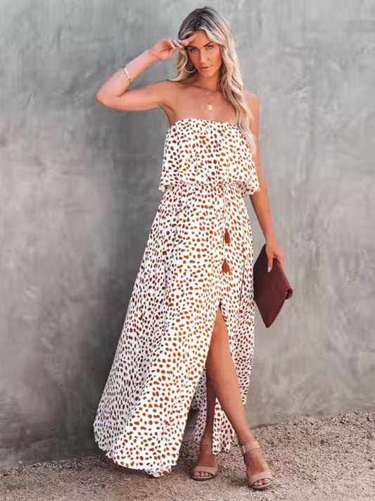 New style leopard print one-shoulder ruffle slit dress LEGITASY