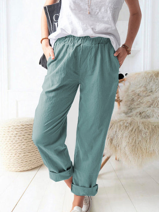 New style solid color casual elastic high waist straight trousers women LEGITASY