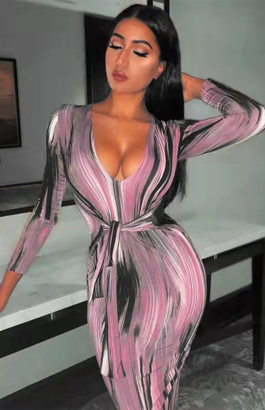 Sexy Printed Long-Sleeved V-Neck Dress LEGITASY