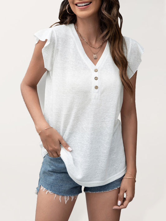 V-neck loose casual button ruffled sleeve top European and American T-shirt LEGITASY