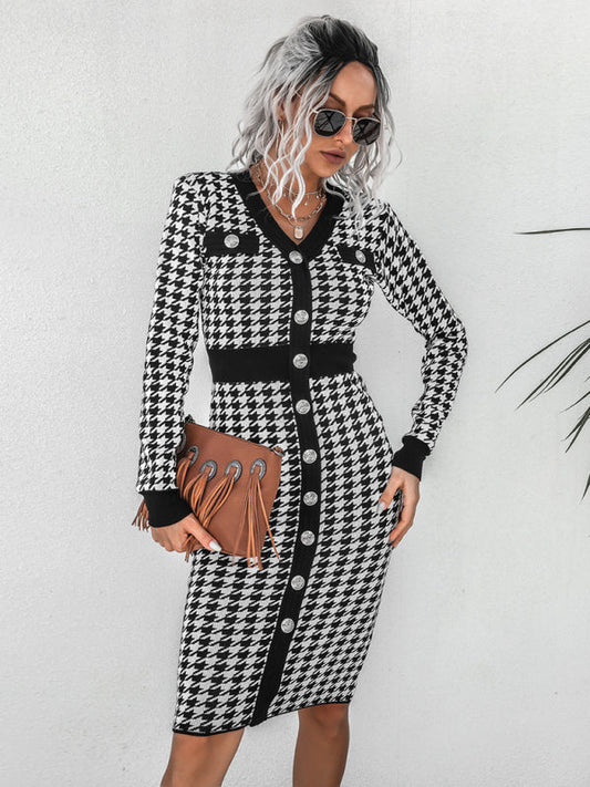 Women’s Button Up Bodycon Retro Checkered Knit Maxi Dress With Long Sleeves LEGITASY