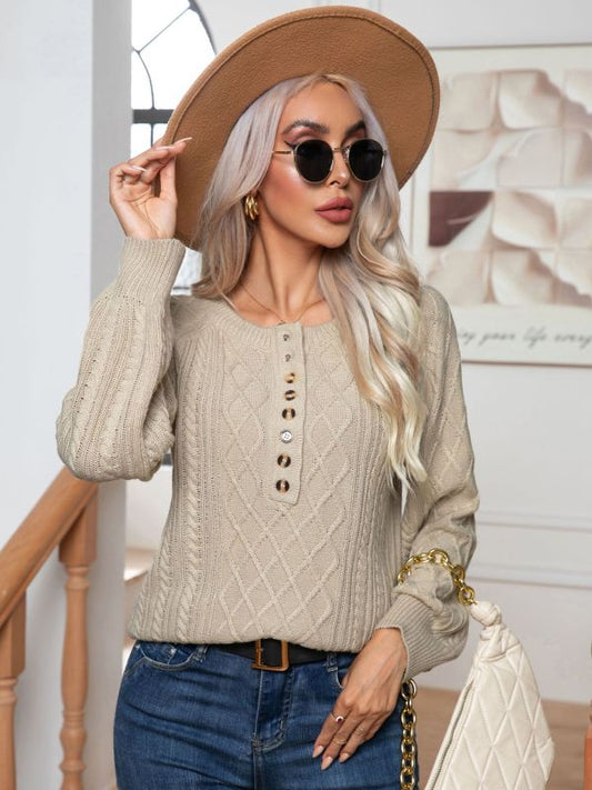 Women's Casual Button Twist Long Sleeve Pullover Sweater LEGITASY