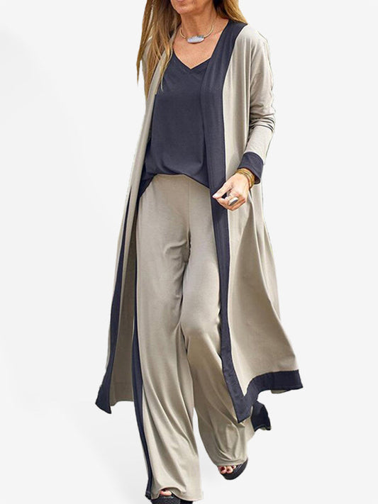 Women's Casual Contrasting Color Sleeveless Vest + Long Sleeve Cardigan Jacket + Trousers Three Sets LEGITASY