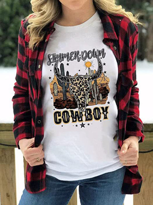 Women's Casual Short Sleeve Tops Highland Cow Western Cowboy Vintage Athletic T-Shirt LEGITASY