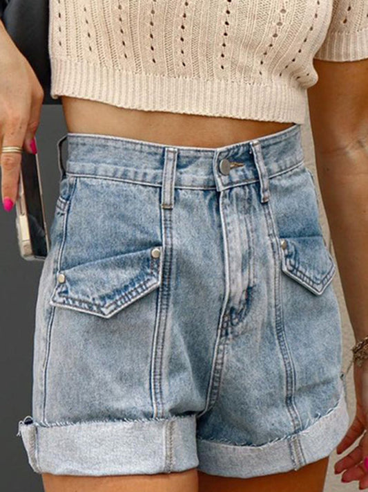Women's Casual Stitching Turnover Denim Shorts LEGITASY