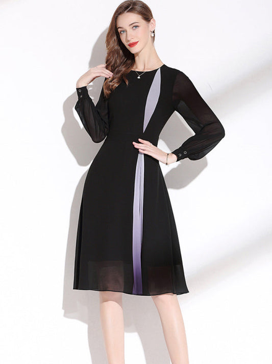 Women’s Fashionable Aline Dress With Sheer Sleeves And Vertical Contrast Strip LEGITASY