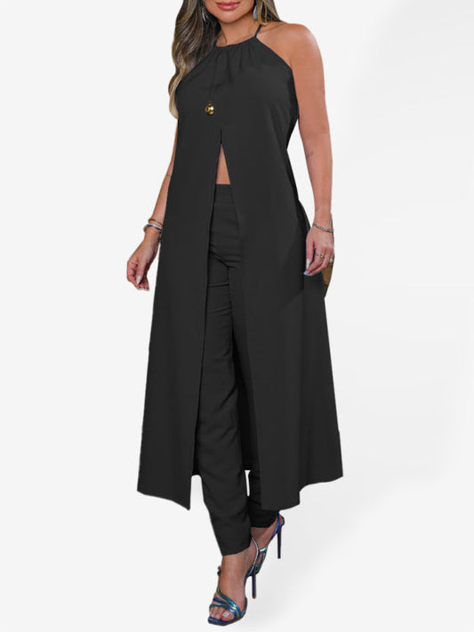 Women's Halter Neck Sleeveless Solid Color Backless Loose Top + High Waist Pants Set LEGITASY