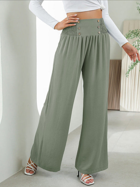 Women's High Waist Button Detail Wide Leg Pants LEGITASY