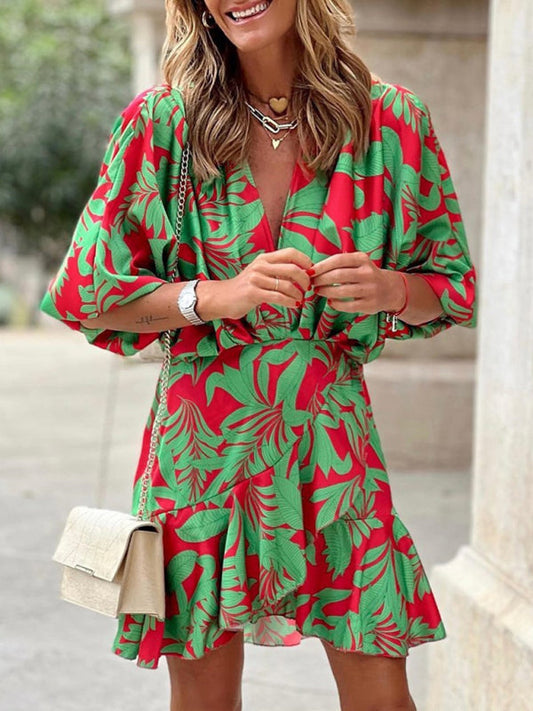 Women's Printed Deep V Puff Sleeves Elegant Lotus Leaf Dress LEGITASY