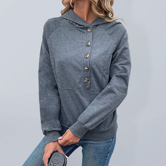 Women's Solid Color Button Hoodie Sweatshirt LEGITASY