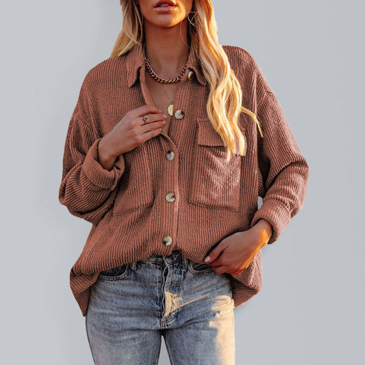 Women’s Solid Color Button-down Collar Oversized Corduroy Shirt LEGITASY