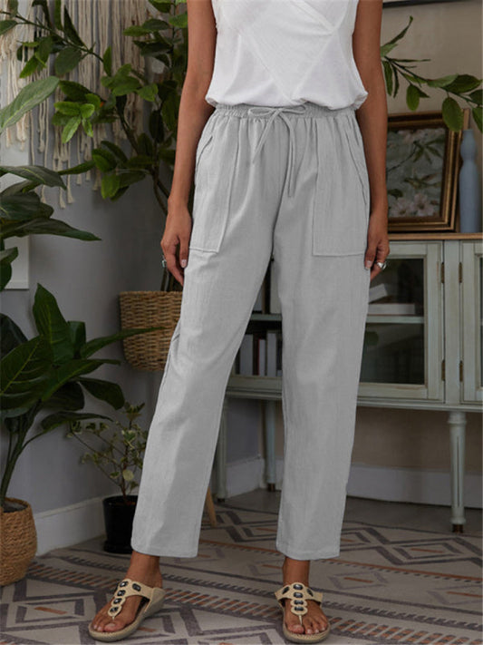Women's Solid Color Linen Drawstring Pants LEGITASY