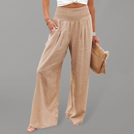 Women's Solid Color Smocked Waist Side-seam Pockets Wide Leg Pants LEGITASY