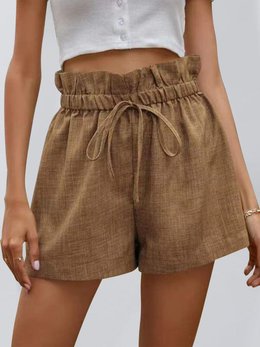 Women's Solid Color Textured Ruffled Drawstring Pull-on Shorts LEGITASY