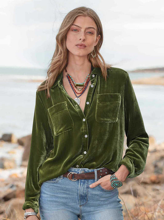 Women's Solid Color Velvet Button-up Shirt LEGITASY