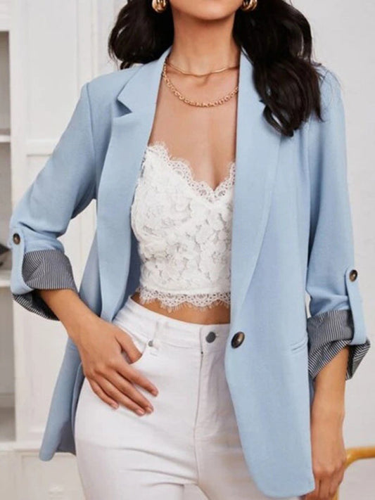 Women’s Solid Color With Roll Up Strip Print Sleeve Open Front Blazer LEGITASY