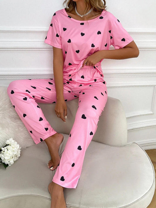 Women's Sweet Pajama Set With Allover Heart Print LEGITASY