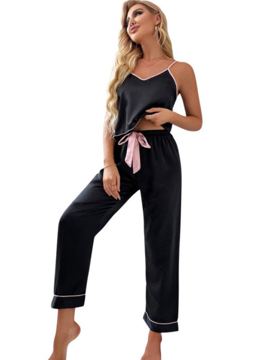 Women's V-neck Pajama Camisole And Pajama Pants With Pink Trim 2 Pieces Sets LEGITASY