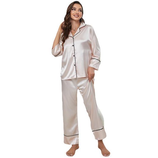 Women's color-blocking imitation silk long-sleeve pajama sets LEGITASY