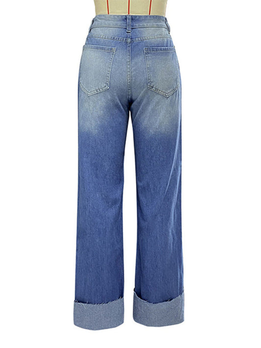 Women's high waist ripped straight leg street style long jeans LEGITASY