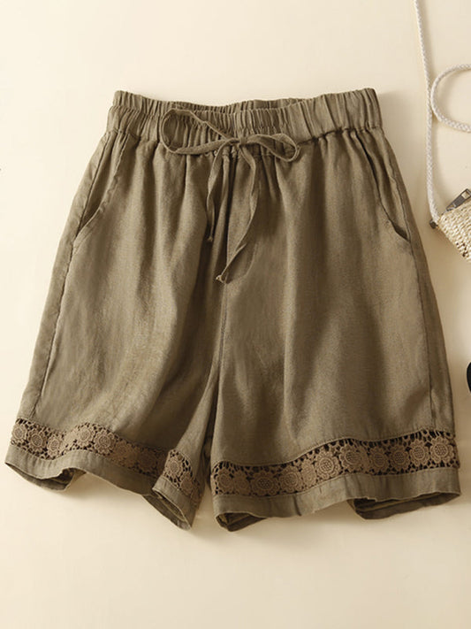 Women's woven cotton linen hollow lace loose shorts LEGITASY