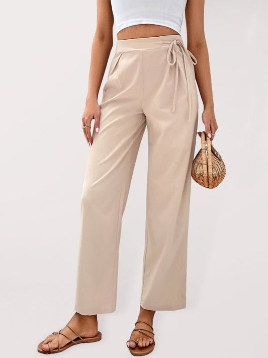 Women's woven high-waisted solid-color commuter-style cropped tie-up straight-leg pants LEGITASY