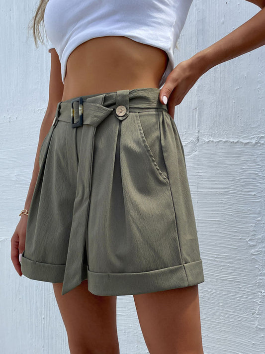 Women’s Solid Color Belted High Waist Shorts kakaclo